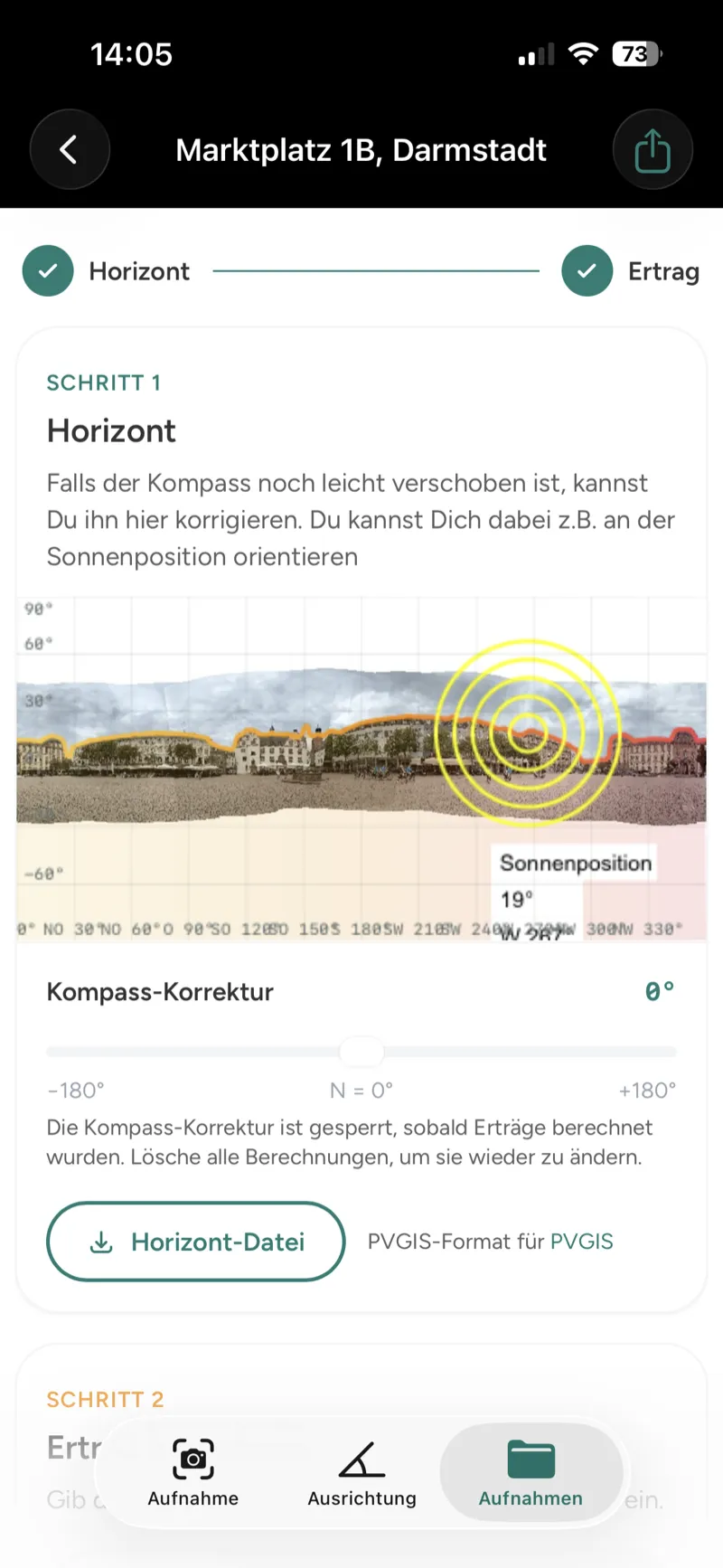 Horizont-Korrektur mit Kompass-Slider und PVGIS-Export